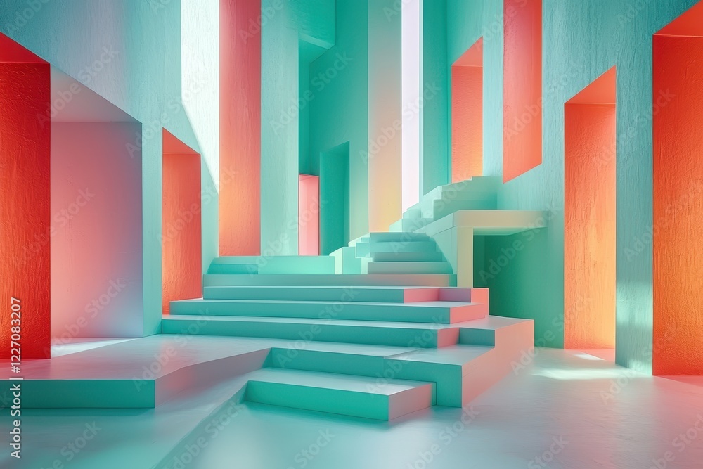 Aufkleber abstract geometric space with colorful elements and steps.