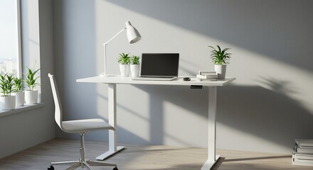 Modern White Electric Standing Desk with Laptop and Plants