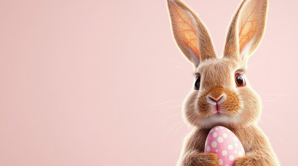 Obraz premium Easter bunny with a pink egg on the plain pink background, a lovely easter postcard