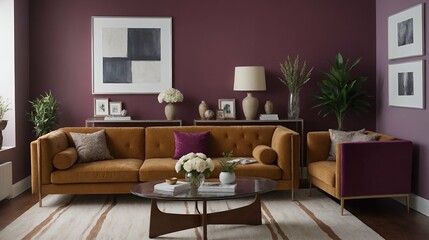 A modern stylish living room with a brown designer sofa set and photo frames displayed on the wall 3d illustration