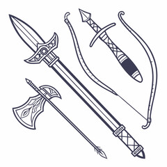 RPG weapon icon set, vector fantasy game sword collection, dungeon dragon battle attack object kit. Magic sorcerer staff, warrior dagger, medieval bow, arrow, character equipment. Vintage RPG weapon  