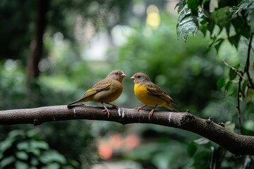 Fototapeta premium Two colorful birds perched on a branch in a vibrant garden during daylight hours