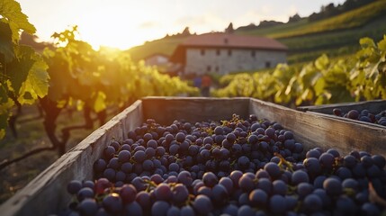 A  Italian vineyard bathed in golden hour light, with rolling hills covered in lush grapevines stretching into the horizon. In the foreground, skilled winemakers carefully harvest ripe grapes