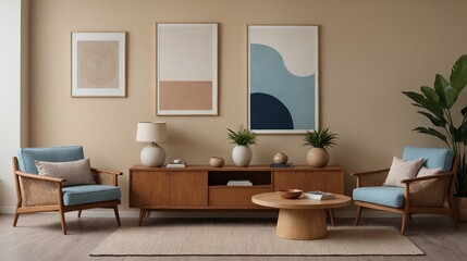 A modern stylish living room with a designer sofa set and photo frames displayed on the wall 3d illustration