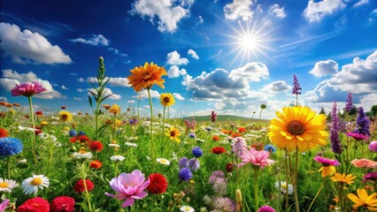 Fototapeta premium Vibrant flowers in a lush green meadow with a clear blue sky and a few fluffy white clouds , botanical, sunny day