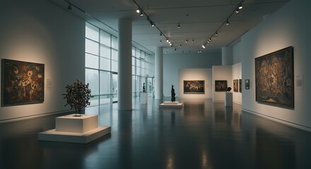 Modern Art Gallery Interior with Sculptures and Paintings