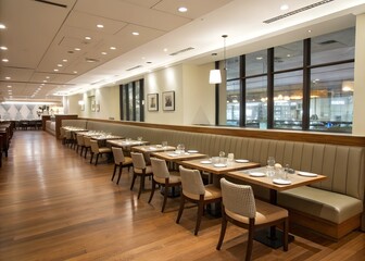 Empty restaurant interior with long bench, tables, and chairs, for dining concept