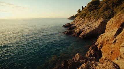 Seascape view of rocky cliffs meeting a calm ocean at golden hour with a clear sky