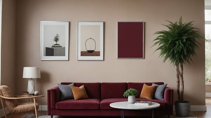 Fototapeta premium A modern stylish living room with a designer sofa set and photo frames displayed on the wall 3d illustration