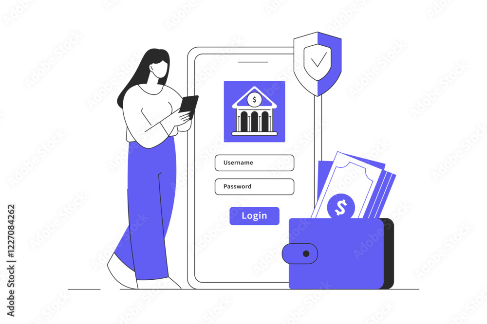 Poster mobile banking concept. secure online payment. woman character gets access with password to mobile b