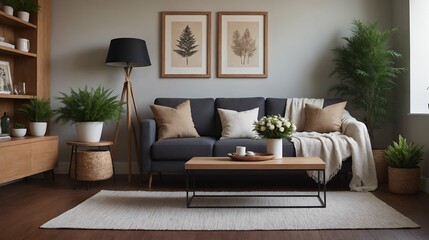 A modern stylish living room with a designer sofa set and photo frames displayed on the wall 3d illustration