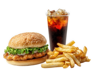 Crispy chicken burger with lettuce, fries, and cold drink on transparency background. Perfect for quick meal or snack, this combo is satisfying and delicious