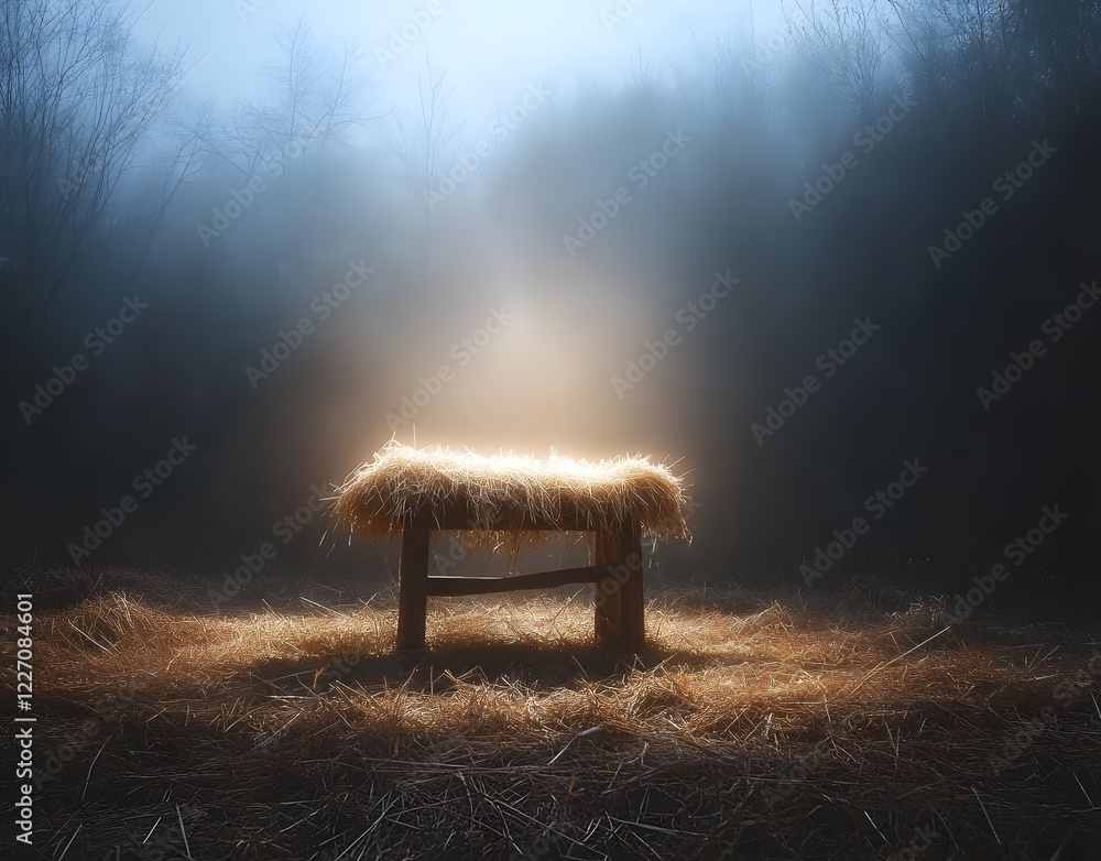 Poster fog and empty manger with light falling on it - waiting for the messiah
