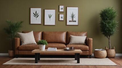A modern stylish living room with a brown designer sofa set and photo frames displayed on the wall 3d illustration