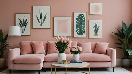 A modern stylish living room with a light pink fabric designer sofa set and photo frames displayed on the wall 3d illustration.