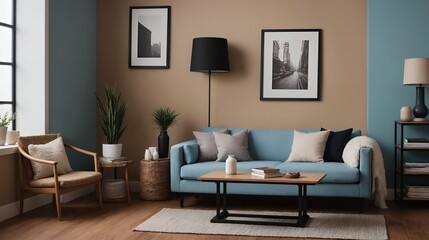 A modern stylish living room with a sky blue designer fabric sofa set and photo frames displayed on the wall 3d illustration.