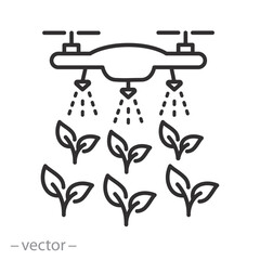 drone spraying plants icon, pesticides spray or moistening seedling, thin line symbol on white background - editable stroke vector illustration