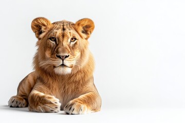 Obraz premium Majestic young lion rests on white background.