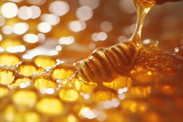 Beekeeper examines honey filled frames while honey drips from the golden honeycomb under bright natural light. Generative AI