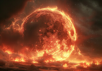 Obraz premium Fiery Moon: A blazing, apocalyptic celestial scene.