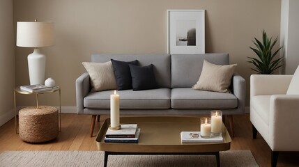 A modern stylish living room with a grey colour fabric designer sofa set and photo frames displayed on the wall 3d illustration.