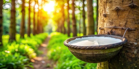 Close-up of raw latex, the milky sap of Hevea brasiliensis, harvested from rubber plantations.