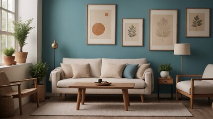 A modern stylish living room with an off-white colour designer sofa set and photo frames displayed on the wall 3d illustration.