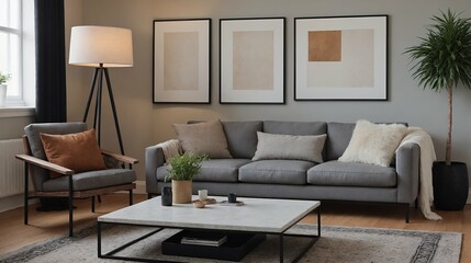 A modern stylish living room with a grey colour fabric designer sofa set and photo frames displayed on the wall 3d illustration.