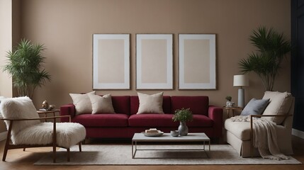 A modern stylish living room with a dark red designer fabric sofa set and photo frames displayed on the wall 3d illustration.