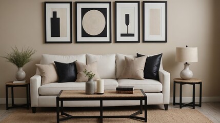 A modern stylish living room with an off-white colour designer sofa set and photo frames displayed on the wall 3d illustration.