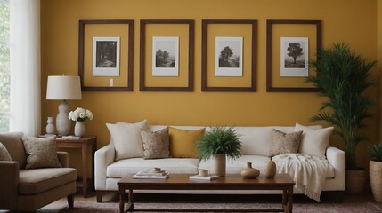 A modern stylish living room with an off-white colour designer sofa set and photo frames displayed on the wall 3d illustration.