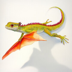 Fototapeta premium Winged_lizard,_vibrant_green_scales,_orange_wing,_red_accents.