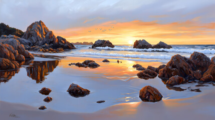 A serene coastal scene at sunset, featuring rocky formations and gentle waves reflecting vibrant colors on the water's surface.
