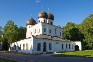 View of the ancient Cathedral of the Nativity of the Virgin Mary (1117-1119) on a sunny June day. St. Antoniev Monastery. Veliky Novgorod, Russia