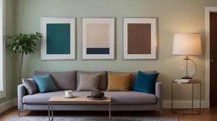A modern Scandinavian-inspired living room with a grey designer sofa set and photo frames is displayed on the wall 3d interior illustration image.