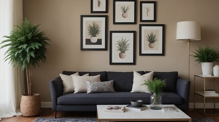 A modern stylish living room with a grey color fabric designer sofa set and photo frames displayed on the wall 3d illustration.