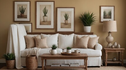 A modern stylish living room with an off-white colour designer sofa set and photo frames displayed on the wall 3d illustration.