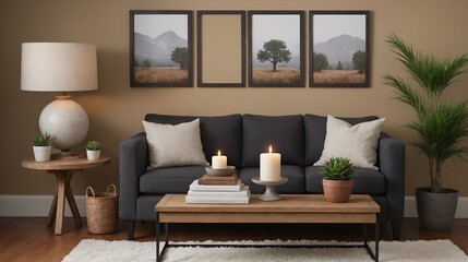 A modern Scandinavian-inspired living room with a grey designer sofa set and photo frames is displayed on the wall 3d interior illustration image.