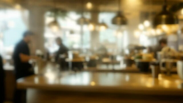 Abstract blur interior coffee shop or cafe for background. Blurred people in coffee shop or restaurant. Defocused bokeh restaurant space for design element. Defocus effect of the coffee room.