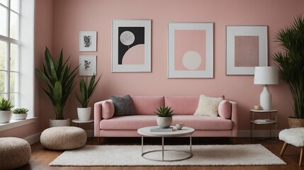 A modern stylish living room with a light pink fabric designer sofa set and photo frames displayed on the wall 3d illustration.