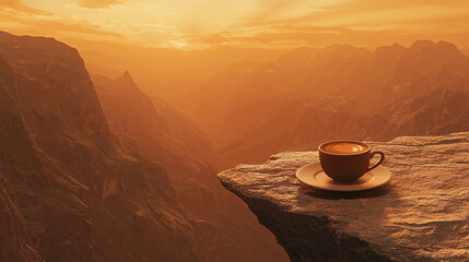 A serene coffee cup perched on a rocky ledge overlooking a breathtaking sunset in a canyon