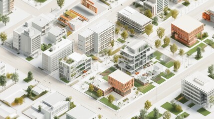 BIM illustration - Building Information Modeling, 3d plan of an urban block, city architecture, engineering design