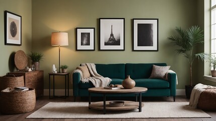 A modern stylish living room with a dark green designer fabric sofa set and photo frames displayed on the wall 3d illustration.