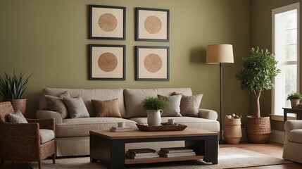 A modern stylish living room with an off-white colour designer sofa set and photo frames displayed on the wall 3d illustration.