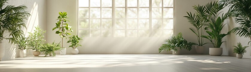 Sunlit Minimalist Interior with Lush Green Houseplants and Large Windows Creating a Serene and Natural Atmosphere