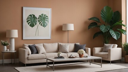 A modern stylish living room with an off-white colour designer sofa set and photo frames displayed on the wall 3d illustration.