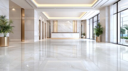 Obraz premium Luxurious hotel lobby interior design, marble floors, reception desk, plants, spacious