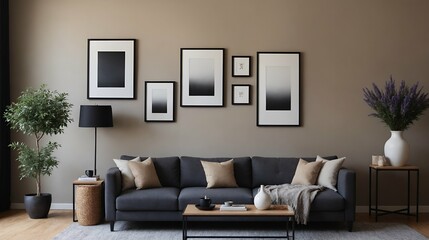 Fototapeta premium A modern stylish living room with a grey color fabric designer sofa set and photo frames displayed on the wall 3d illustration.