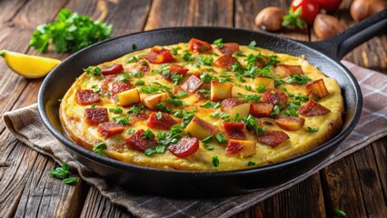 Spicy Spanish omelette sizzling hot on a black cast iron skillet with golden-brown tortilla de patatas and crispy bacon, garnished with fresh parsley, meat, Spanish cuisine