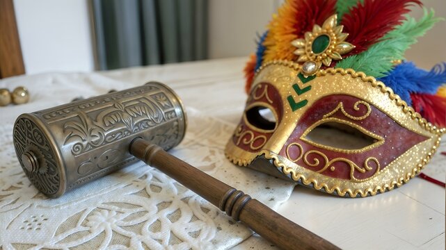 Purim mask with colorful feathers and gragger on festive table setting